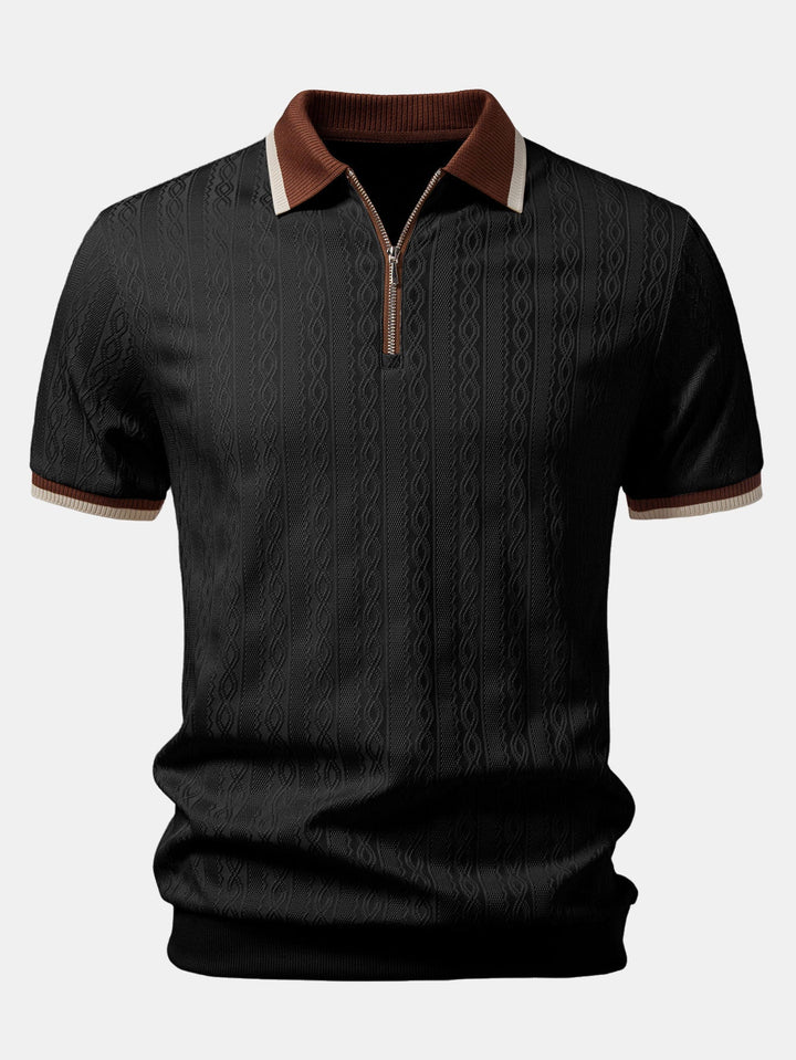 Textured Knit Polo with Contrast Trim and Zipper