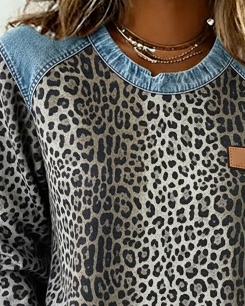 Leopard Print Denim Patchwork Sweater