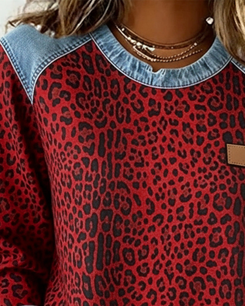 Leopard Print Denim Patchwork Sweater