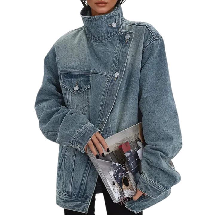 SKYE™ – Retro-Inspired High Neck Asymmetric Jacket with Vintage Wash