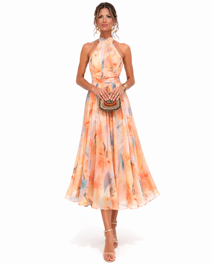 Aurora - Watercolor Print Halter Neck Dress