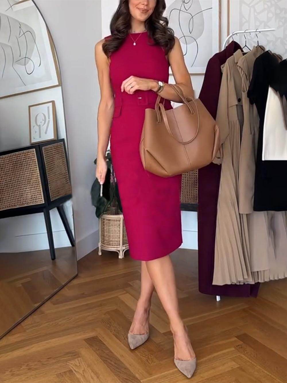 Chic and Refined Midi Dress with Formal Tie Detail