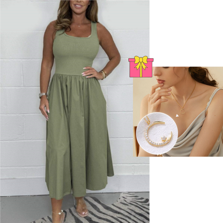 Stylish Sleeveless A-Line Dress with Square Neck Design