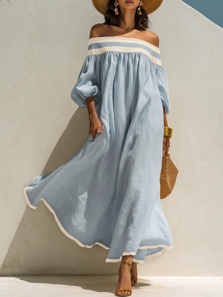 Beige Off-the-Shoulder Maxi Dress with Relaxed Fit and Color-Block Design
