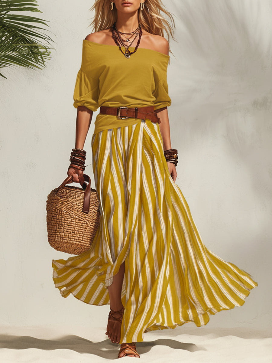 Navy Blue Off-the-Shoulder Nautical Top with Striped Chiffon Slit Skirt Set