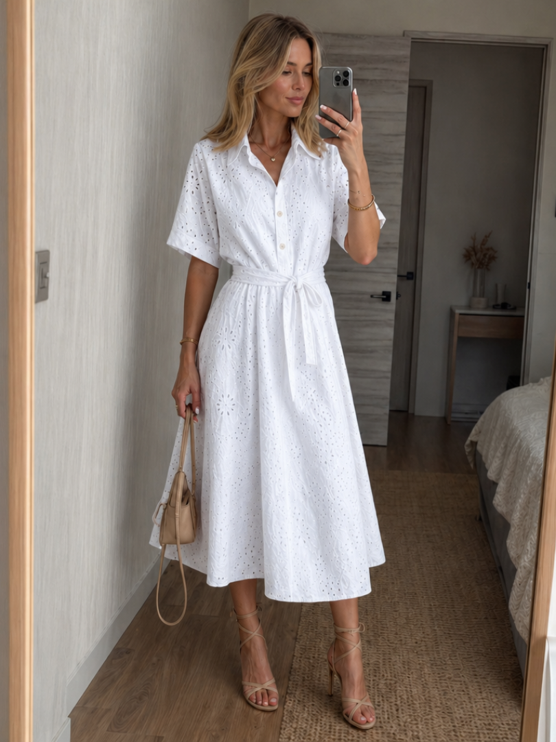 Eden | Women's Midi Dress with Buttons and Tie Waist