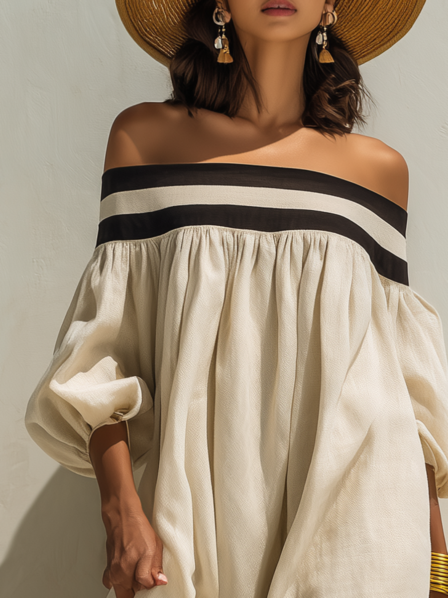 Beige Off-the-Shoulder Maxi Dress with Relaxed Fit and Color-Block Design