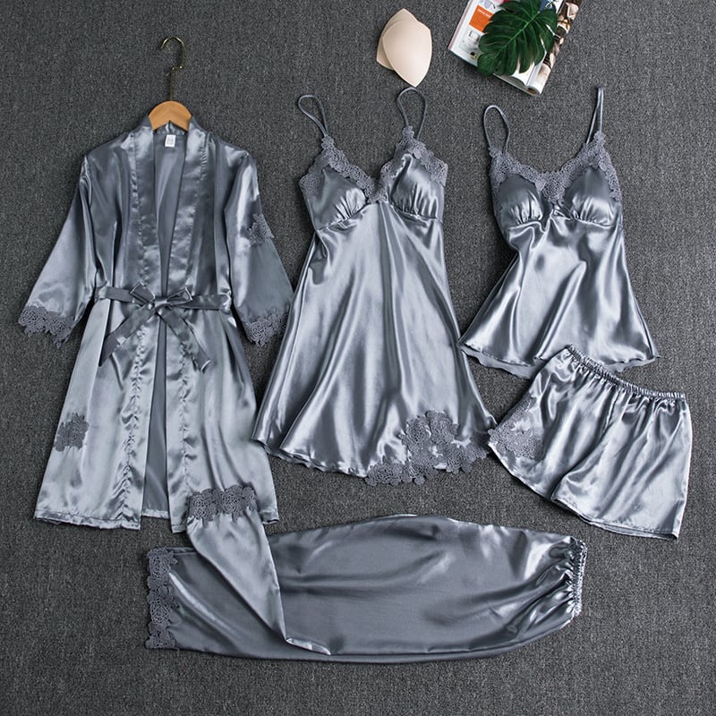 Elegant Women's Ice Silk Nightdress Set - 5 Pieces