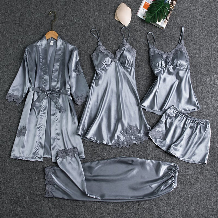 Elegant Women's Ice Silk Nightdress Set - 5 Pieces