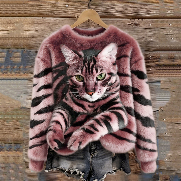 Women's Snug Plush Sweatshirt Featuring a Tiger and Tabby Kitten Design