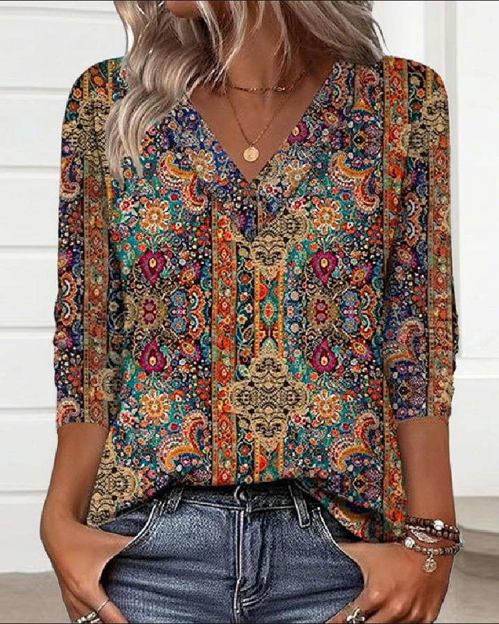 Emilia™ - Retro Printed V-Neck Blouse