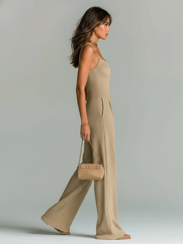 ElevenOra Stylish Camel Strappy Sleeveless Tailored Wide Leg Ribbed Knit Jumpsuit