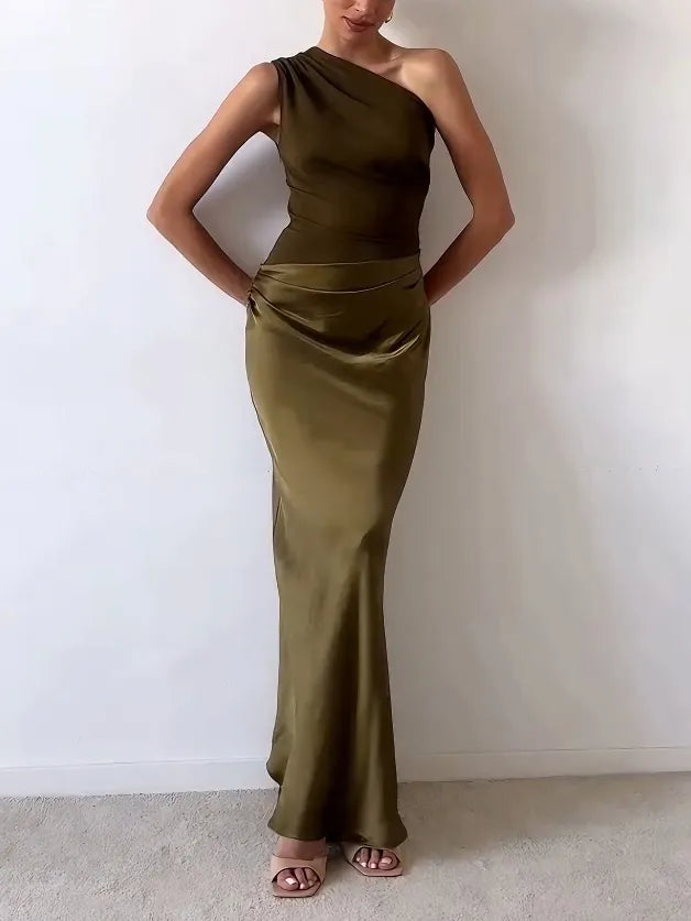 Anita™ | Chic One-Shoulder Pleated Maxi Dress for Parties