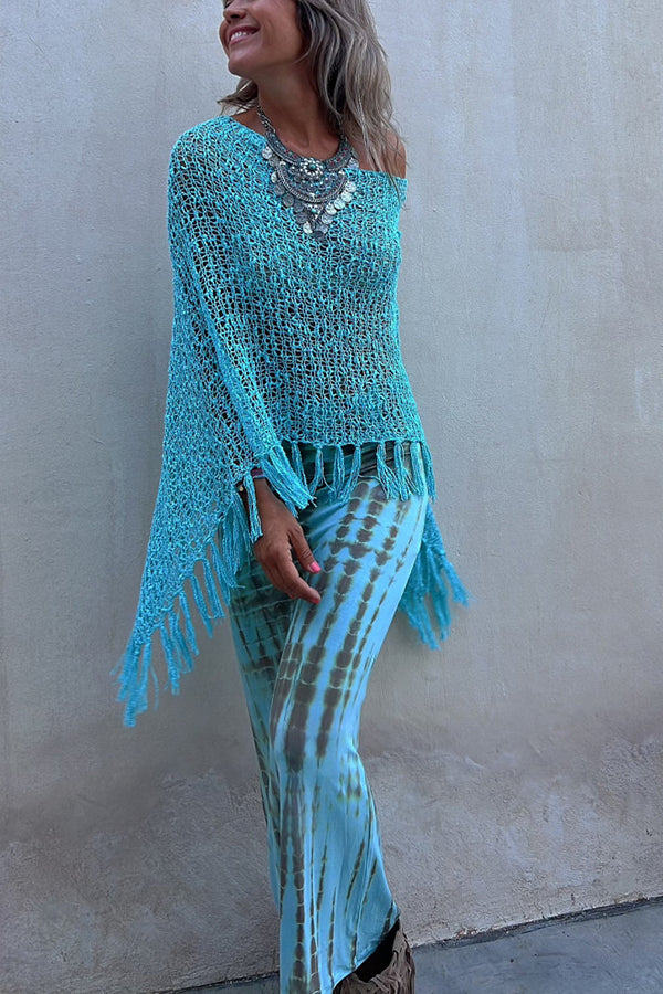 Sunset Breeze Tassel Knit Cover-Up with Hollow-Out Design