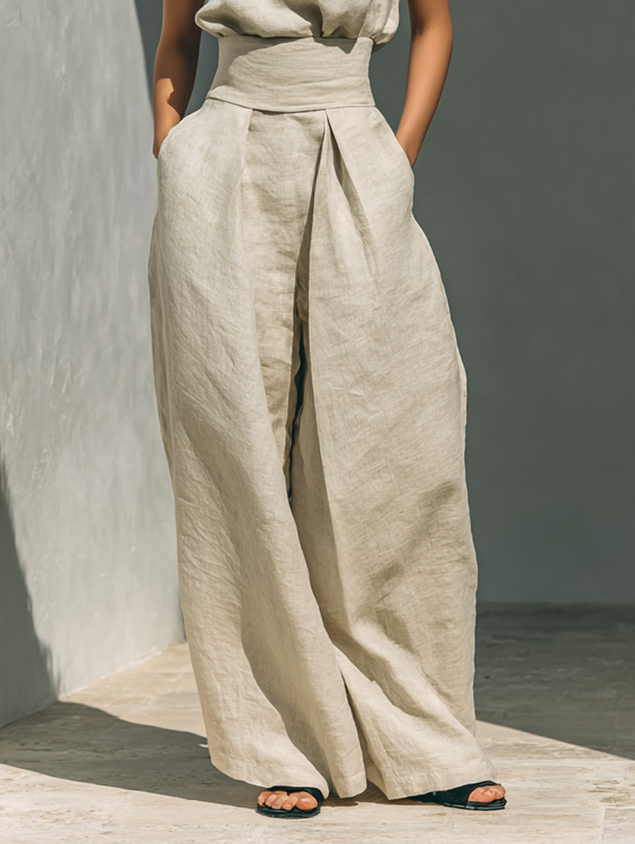 Women's Sleeveless Cotton-Linen Blouse and Wide-Leg Trousers Ensemble