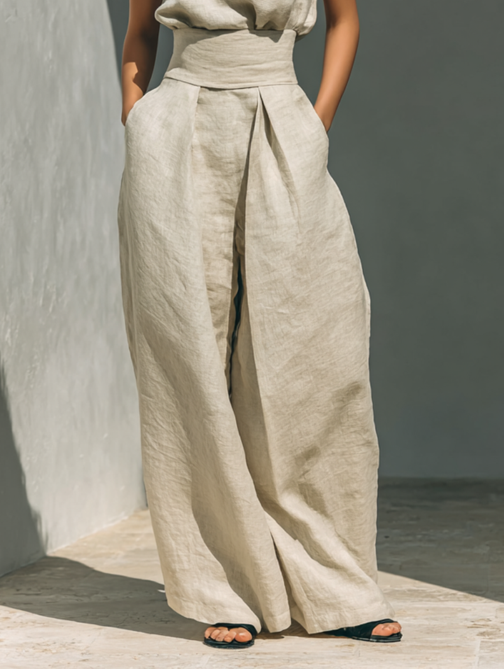 Women's Sleeveless Cotton-Linen Blouse and Wide-Leg Trousers Ensemble
