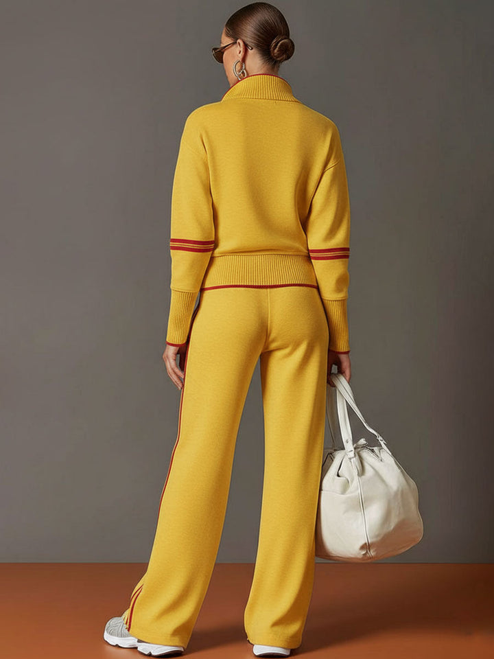 Vintage-Inspired Grey and White Half-Zip Sweatshirt with Wide-Leg Trousers Set