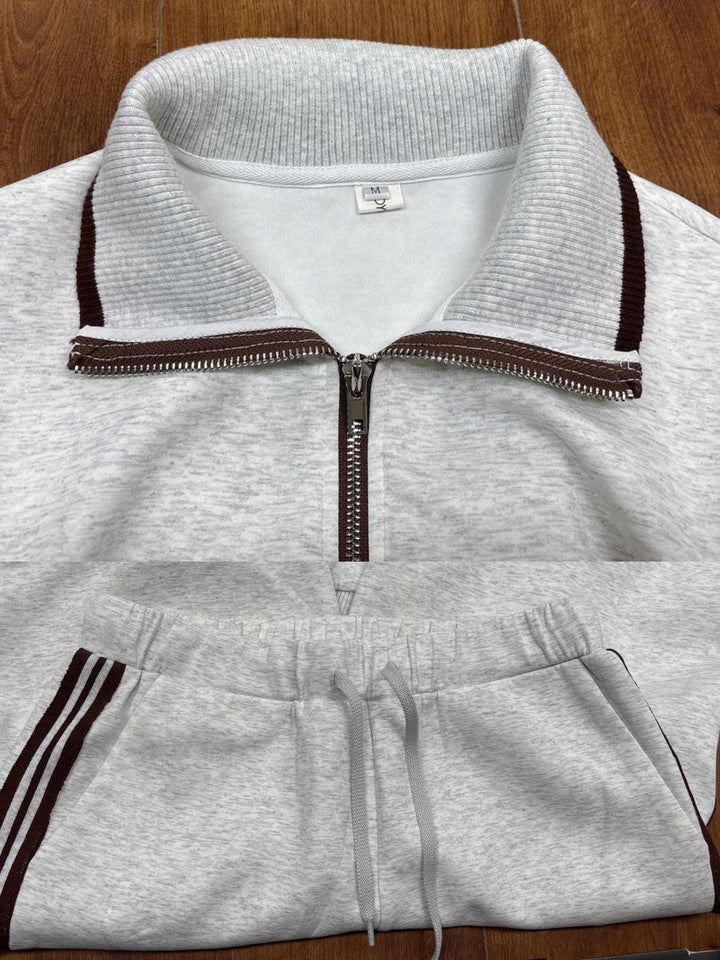 Vintage-Inspired Grey and White Half-Zip Sweatshirt with Wide-Leg Trousers Set
