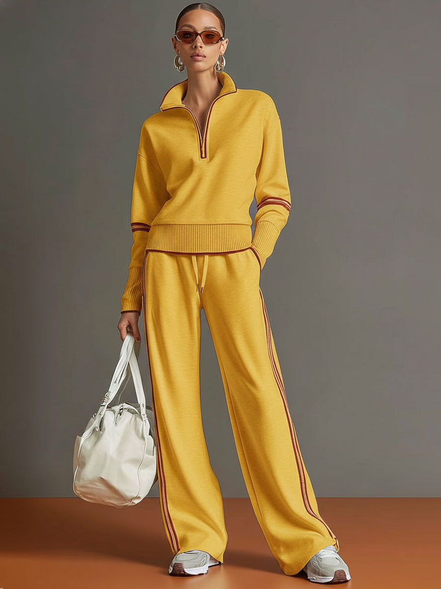 Vintage-Inspired Grey and White Half-Zip Sweatshirt with Wide-Leg Trousers Set
