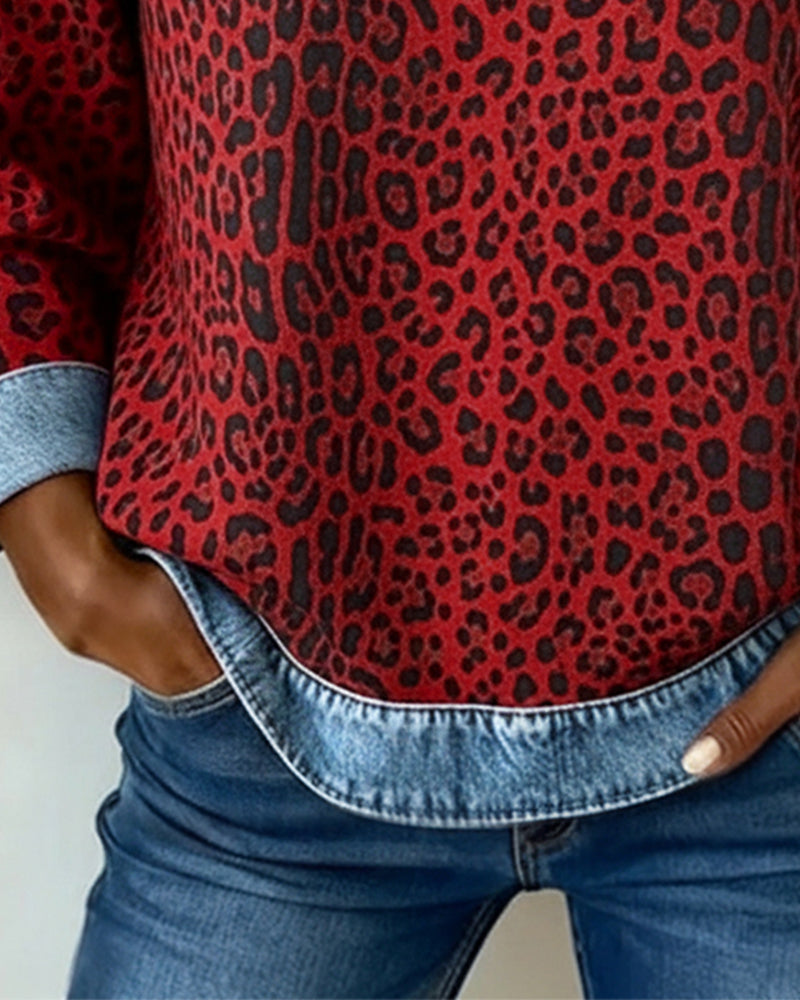 Leopard Print Denim Patchwork Sweater