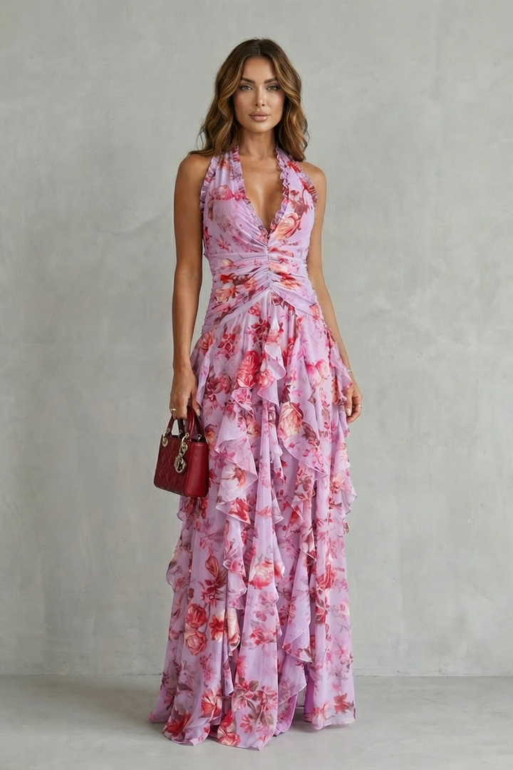 Belladina Enchanting Rose Cascade Halter Maxi Dress