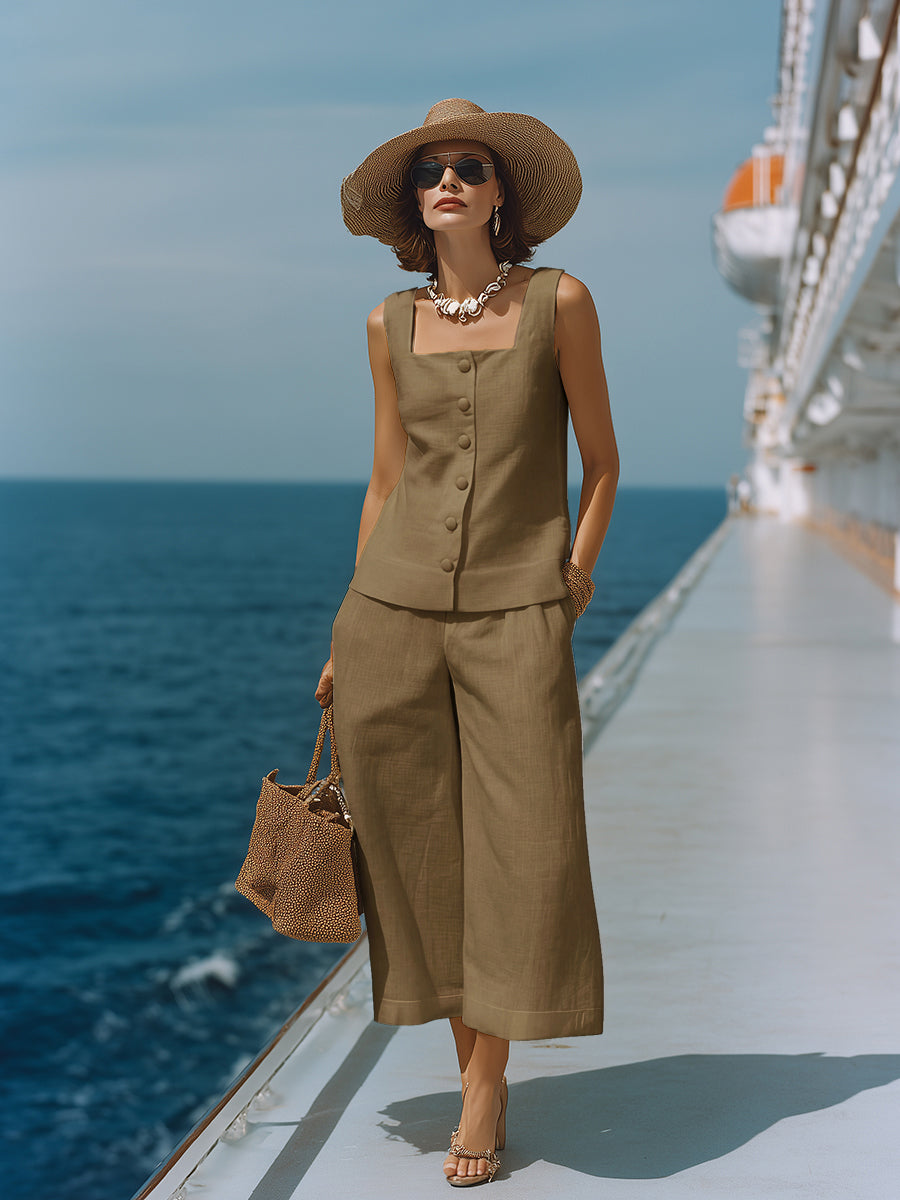Timeless White Cotton-Linen Square Neck Top with Matching Capri Pants Set
