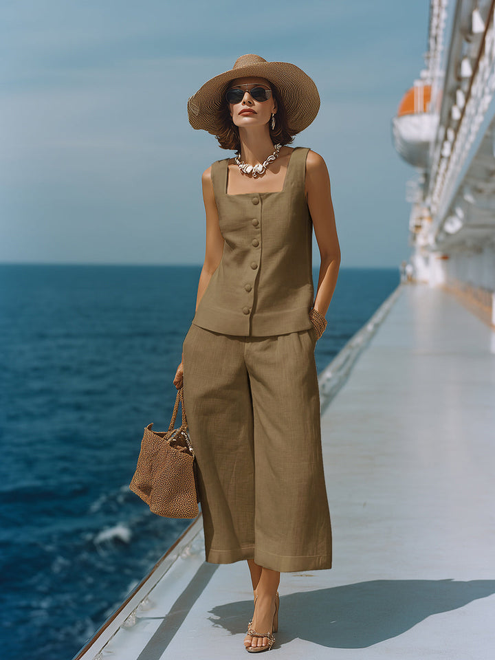 Timeless White Cotton-Linen Square Neck Top with Matching Capri Pants Set