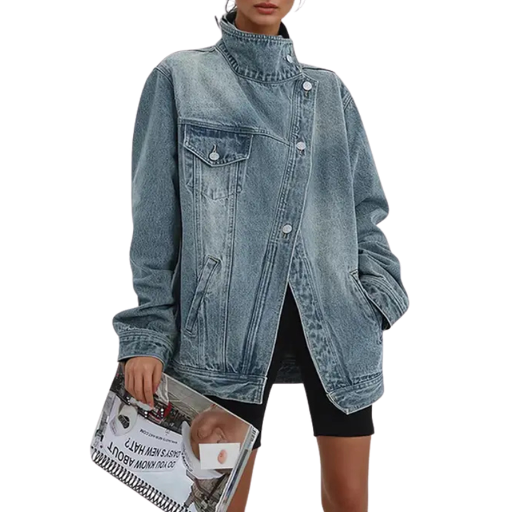 SKYE™ – Retro-Inspired High Neck Asymmetric Jacket with Vintage Wash