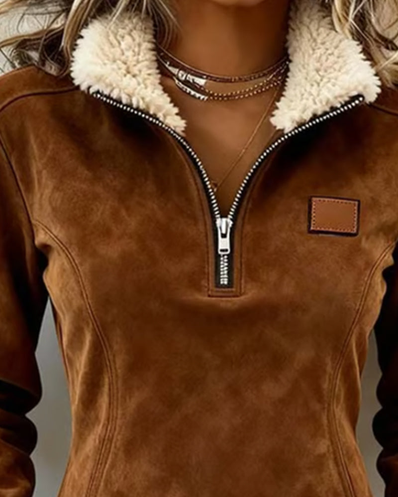 Half-Zip Collar Sweatshirt with Asymmetric Design and Fringe Accents
