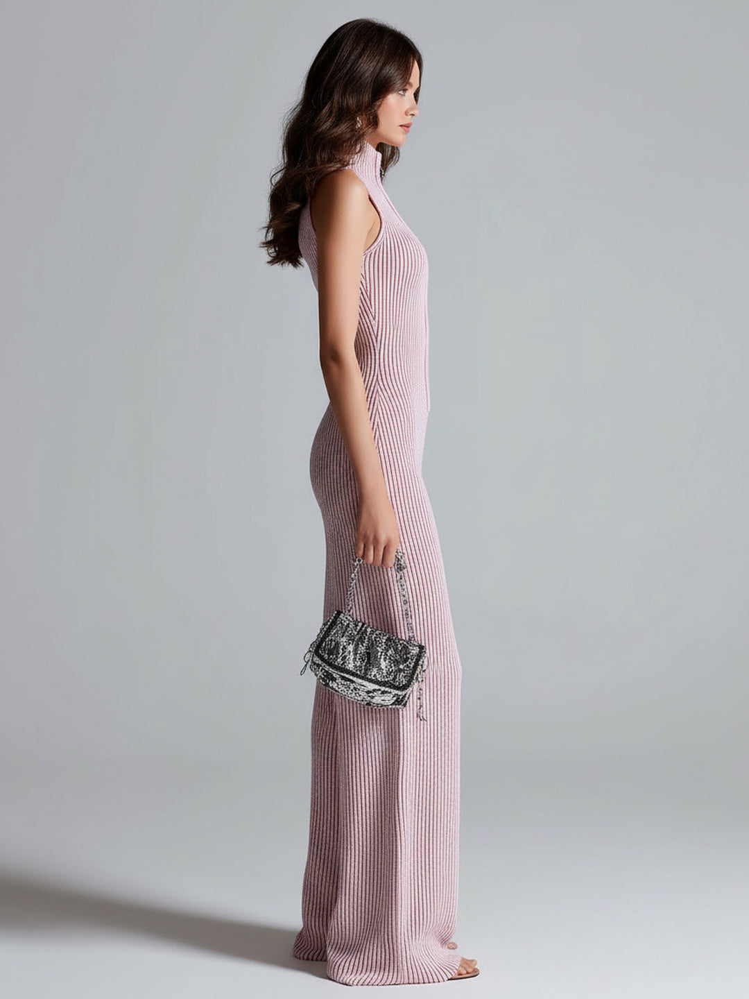 ElevenOra Stylish Pink Sleeveless Jumpsuit with Stand Collar, Zipper Front, Tailored Waist, and Wide Leg Ribbed Knit Design