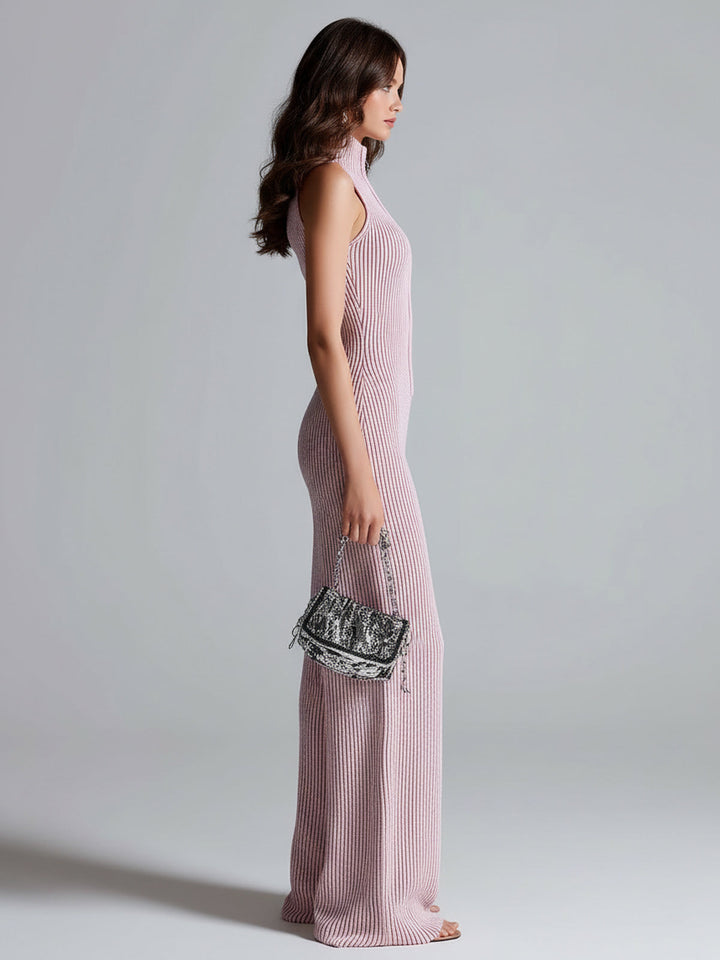 ElevenOra Stylish Pink Sleeveless Jumpsuit with Stand Collar, Zipper Front, Tailored Waist, and Wide Leg Ribbed Knit Design