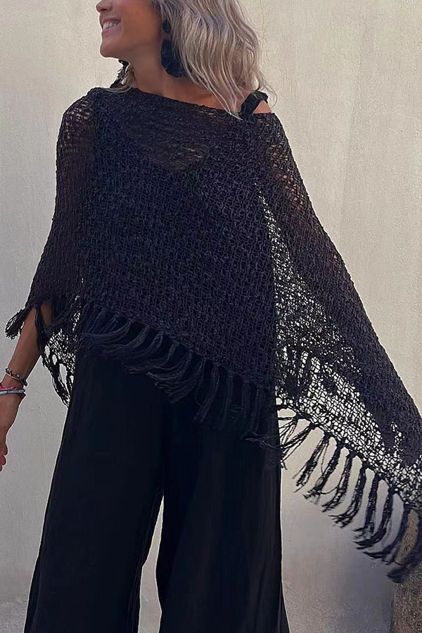 Sunset Breeze Tassel Knit Cover-Up with Hollow-Out Design