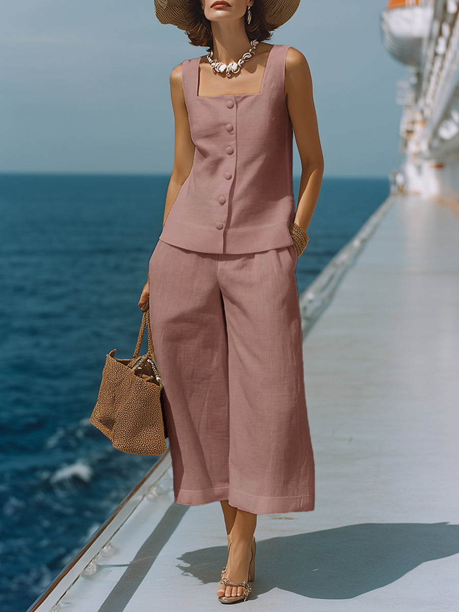 Timeless White Cotton-Linen Square Neck Top with Matching Capri Pants Set
