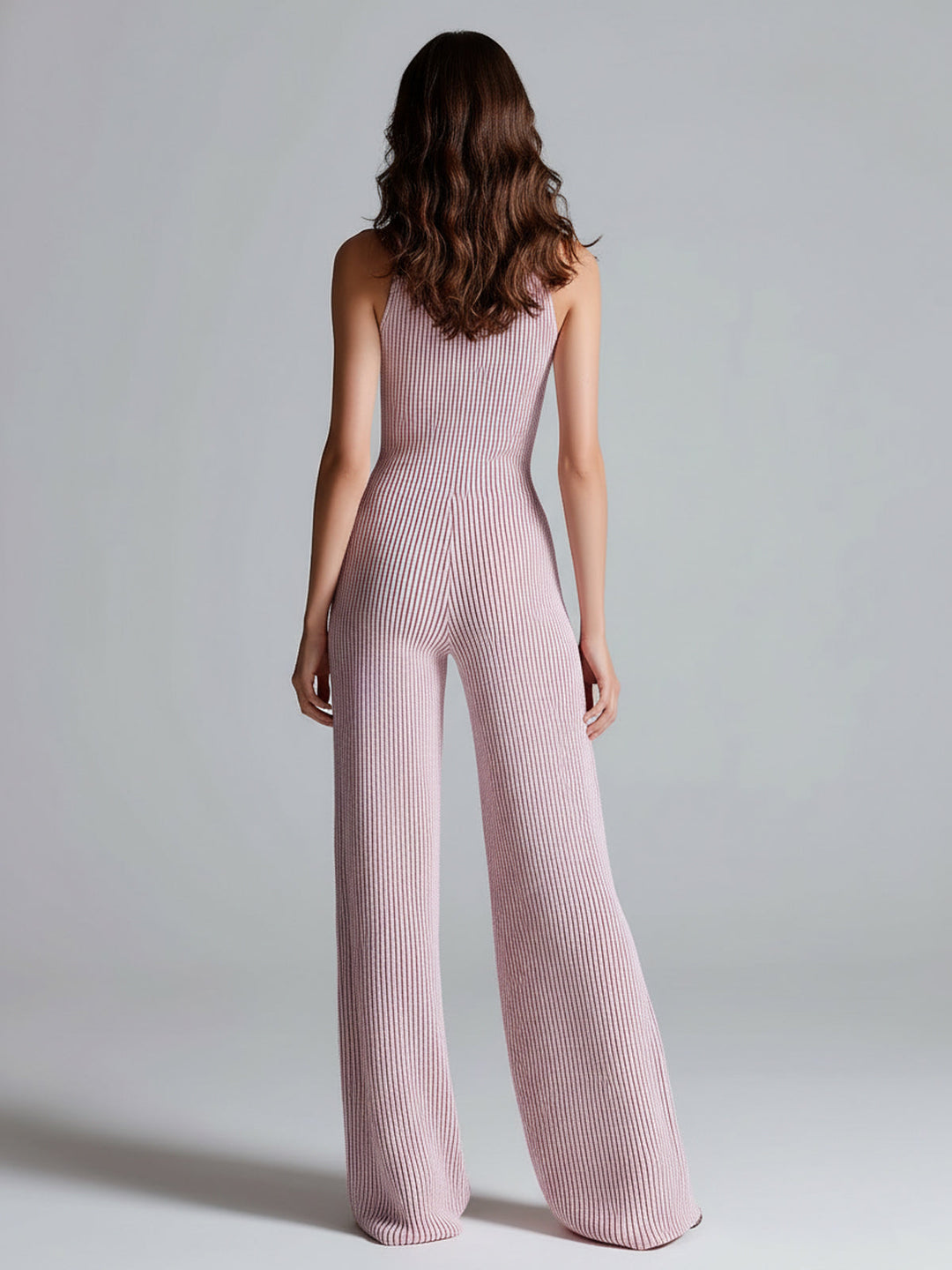 ElevenOra Stylish Pink Sleeveless Jumpsuit with Stand Collar, Zipper Front, Tailored Waist, and Wide Leg Ribbed Knit Design