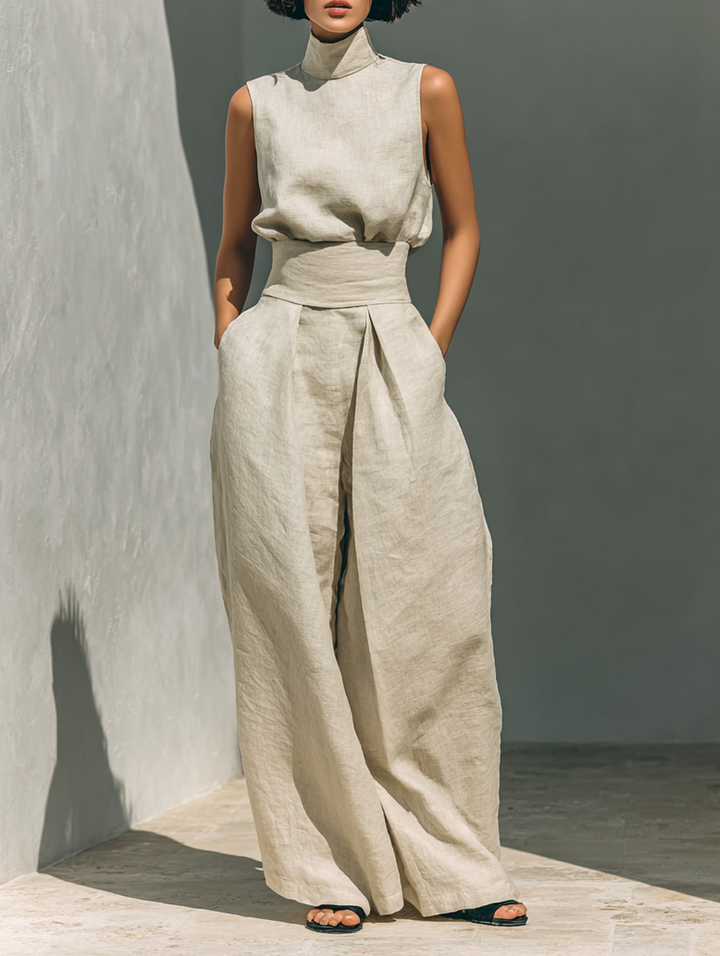 Women's Sleeveless Cotton-Linen Blouse and Wide-Leg Trousers Ensemble