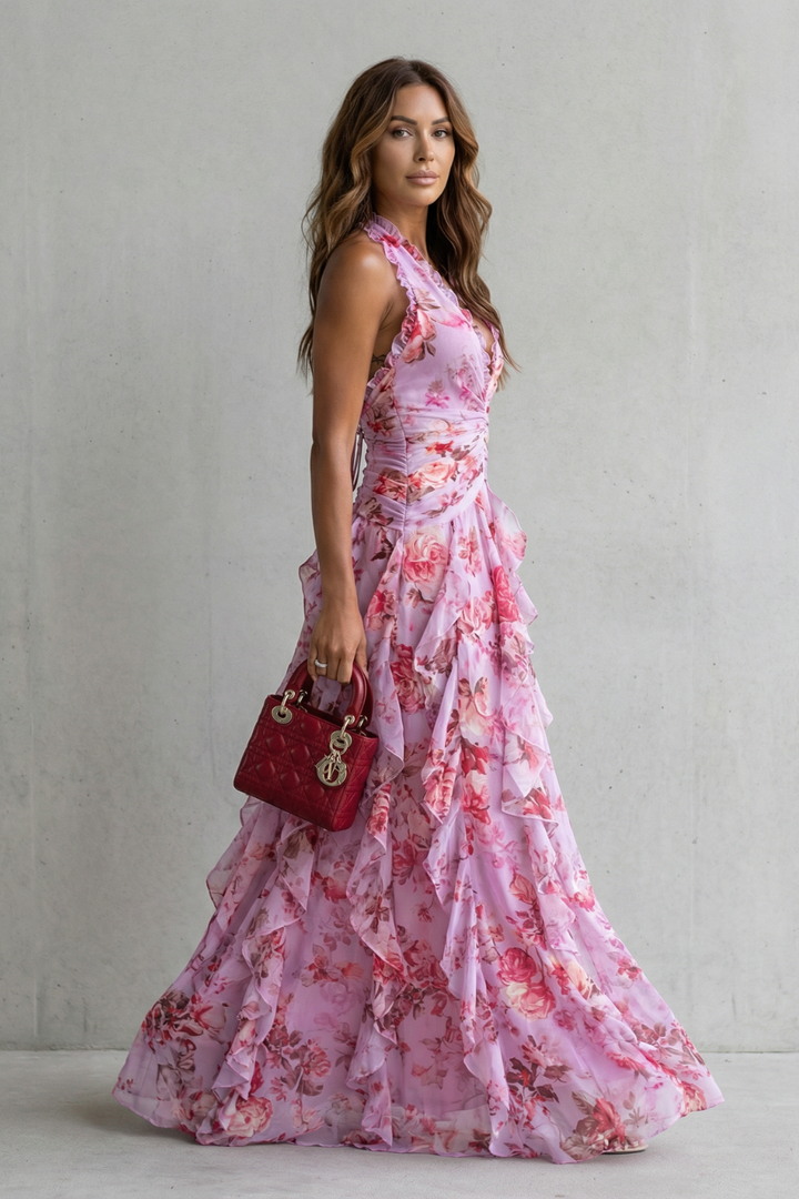 Belladina Enchanting Rose Cascade Halter Maxi Dress