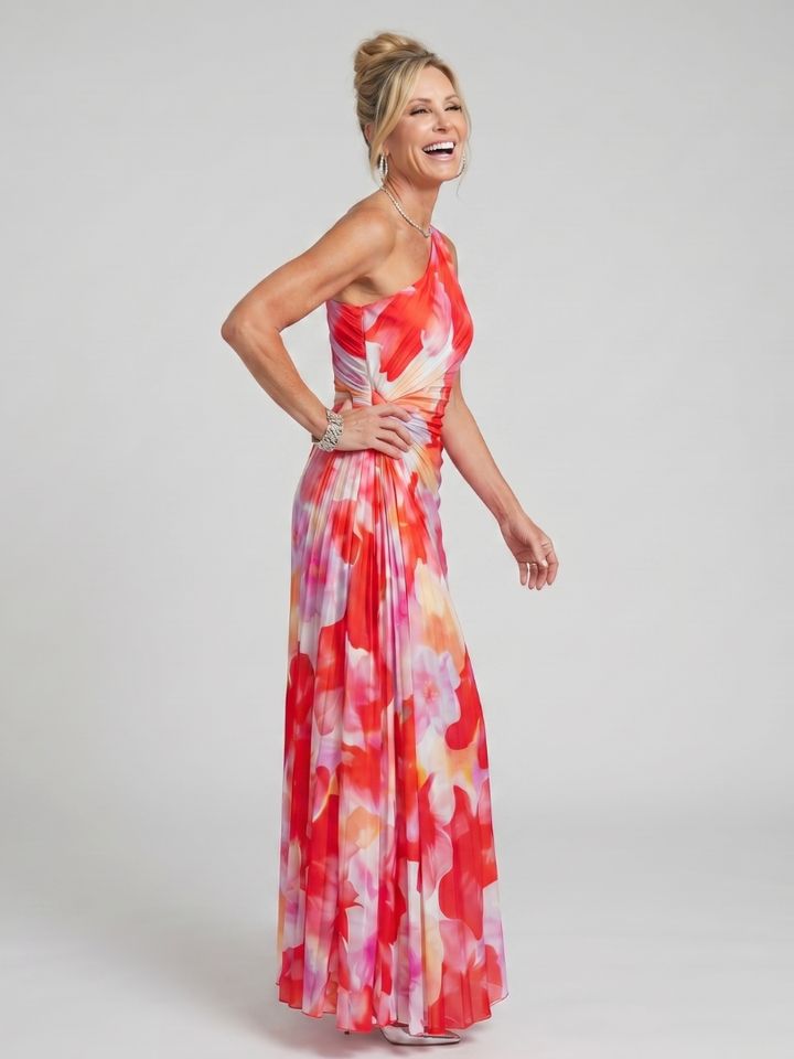 Taya | Women's One Shoulder Pleated Bodice Midi Dress