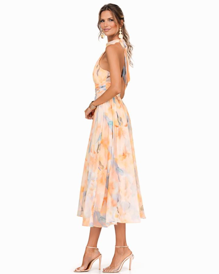 Aurora - Watercolor Print Halter Neck Dress