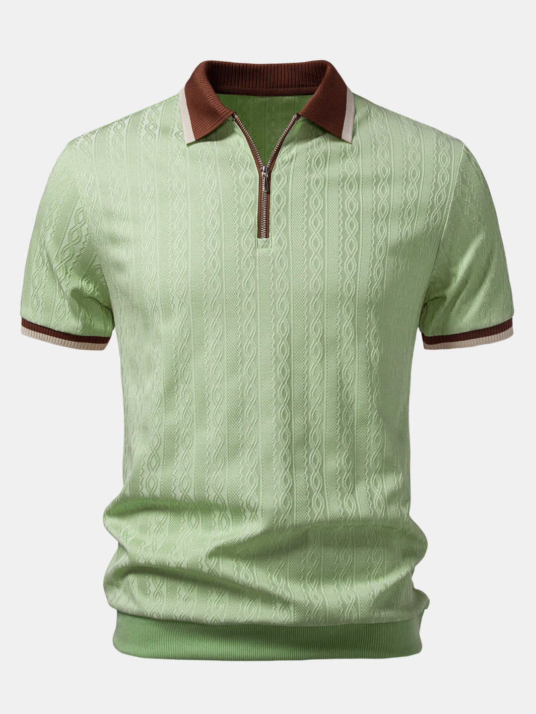Textured Knit Polo with Contrast Trim and Zipper