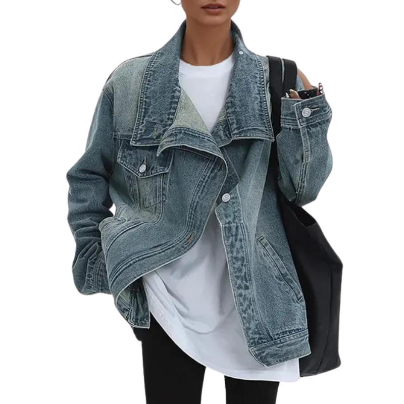 SKYE™ – Retro-Inspired High Neck Asymmetric Jacket with Vintage Wash