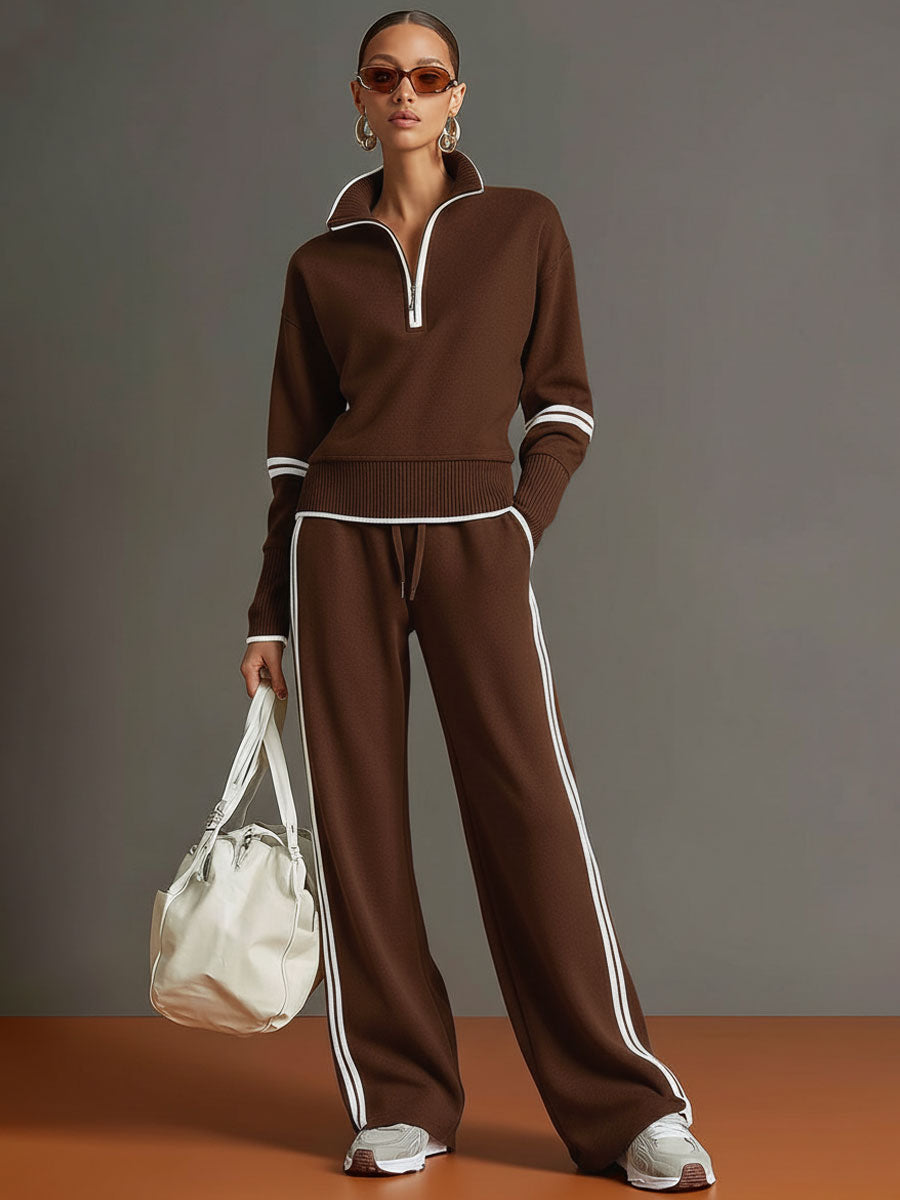 Vintage-Inspired Grey and White Half-Zip Sweatshirt with Wide-Leg Trousers Set