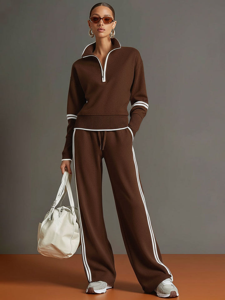 Vintage-Inspired Grey and White Half-Zip Sweatshirt with Wide-Leg Trousers Set