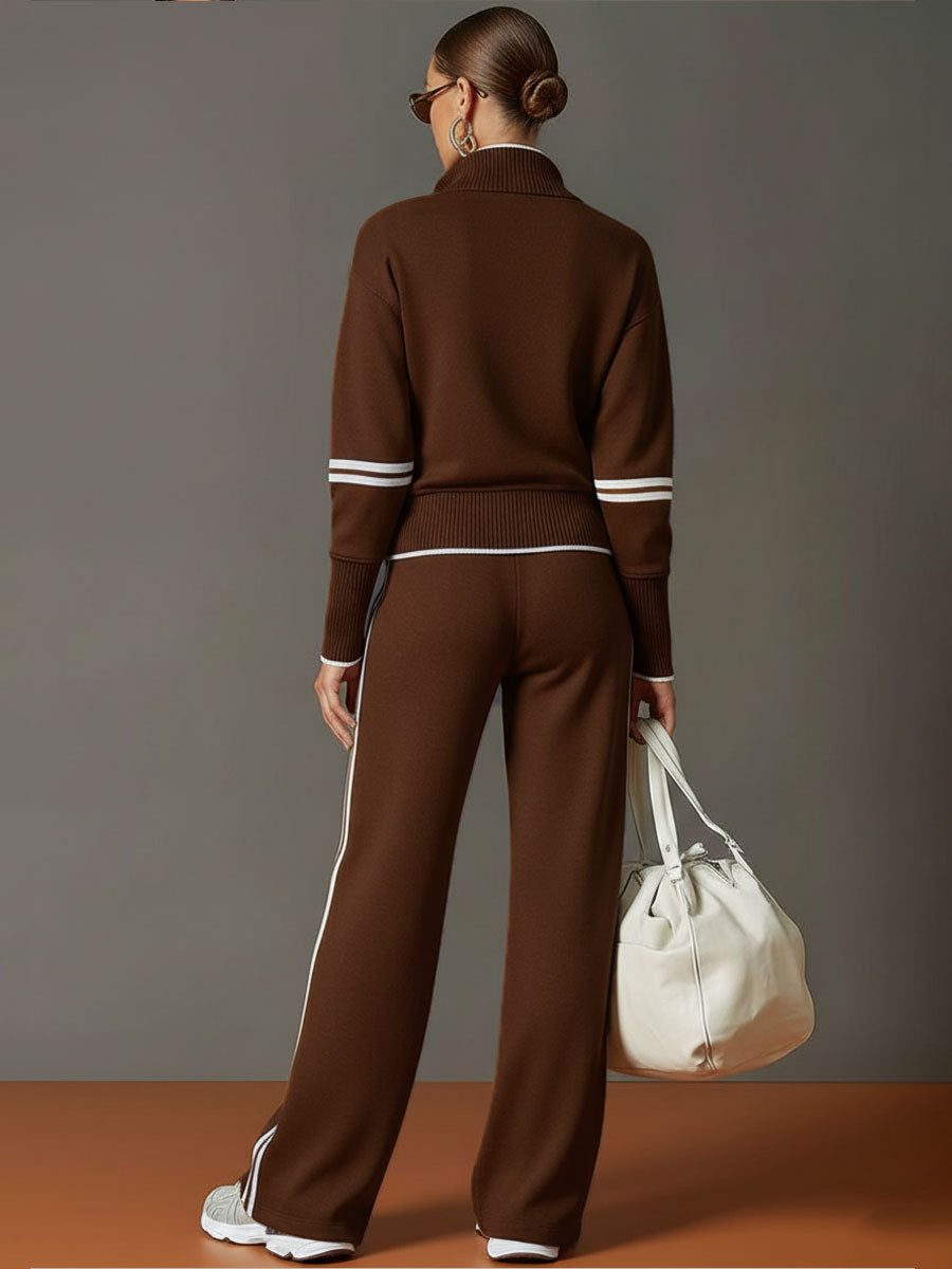 Vintage-Inspired Grey and White Half-Zip Sweatshirt with Wide-Leg Trousers Set