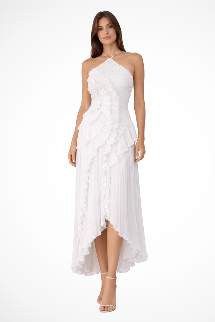 Imogen | Women's Backless Ruffled Maxi Dress with Sleeveless Halter Design for Summer Weddings