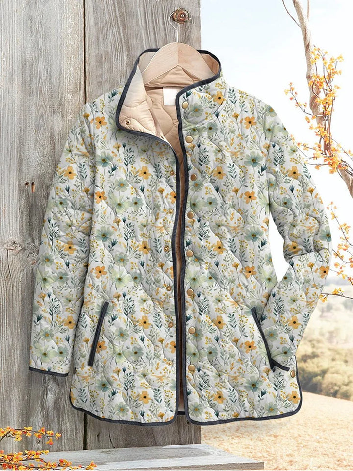 Beautiful floral pattern on a casual quilted jacket for women