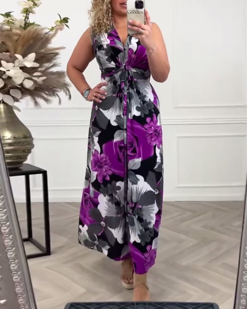 Svea | Sleeveless Pleated Dress with Floral Print