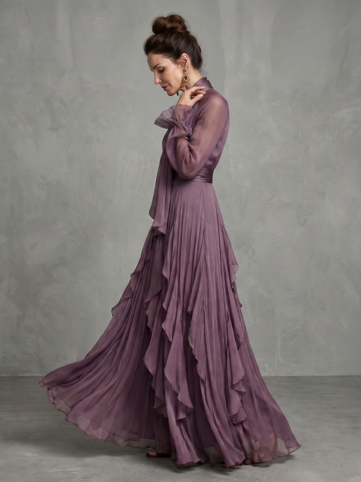 Demetria | Women's Tie Neck Ruffle Tiered Maxi Dress