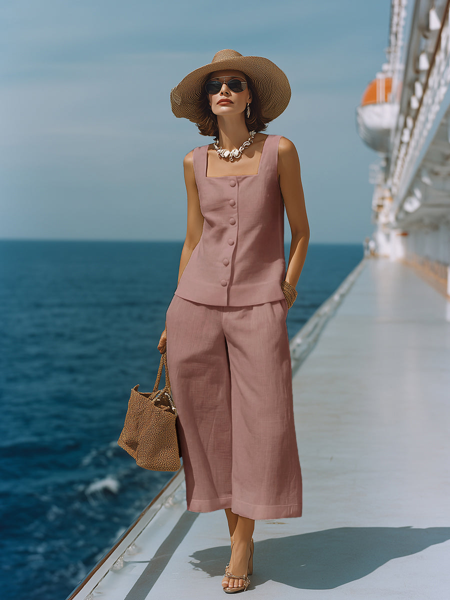 Timeless White Cotton-Linen Square Neck Top with Matching Capri Pants Set