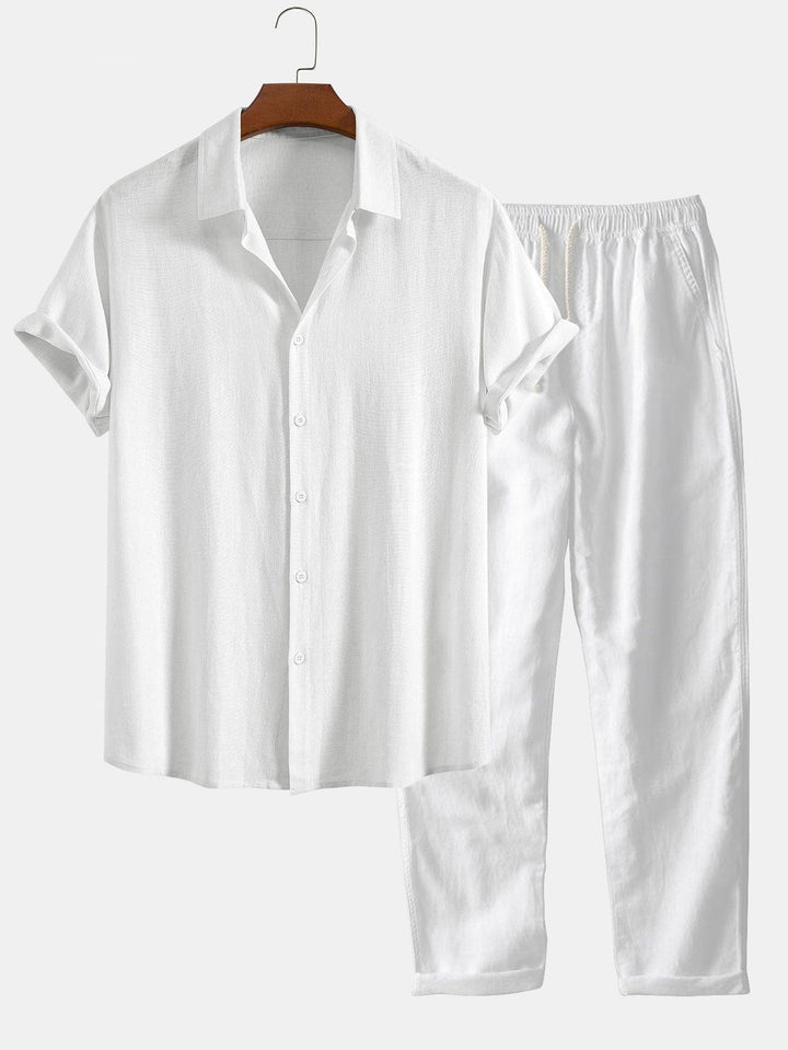 Button-Up Shirt and Straight Leg Trousers in Linen Rayon Blend