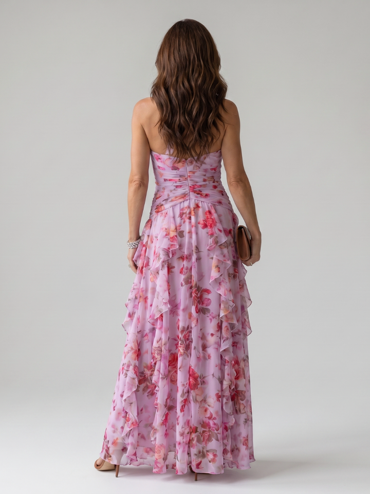 Nori | Women's Halter Neck Ruched Bodice Floral Maxi Dress with Ruffle Detail